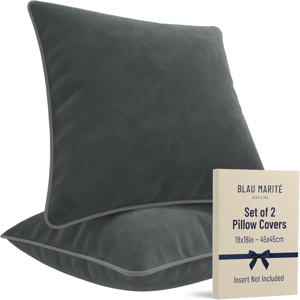 2 Pack Velvet Decorative Throw Pillow Covers, 18"x18", Deep Grey, Solid, Modern, Contrast Piping, Indoor Use, Bedroom & Living Room