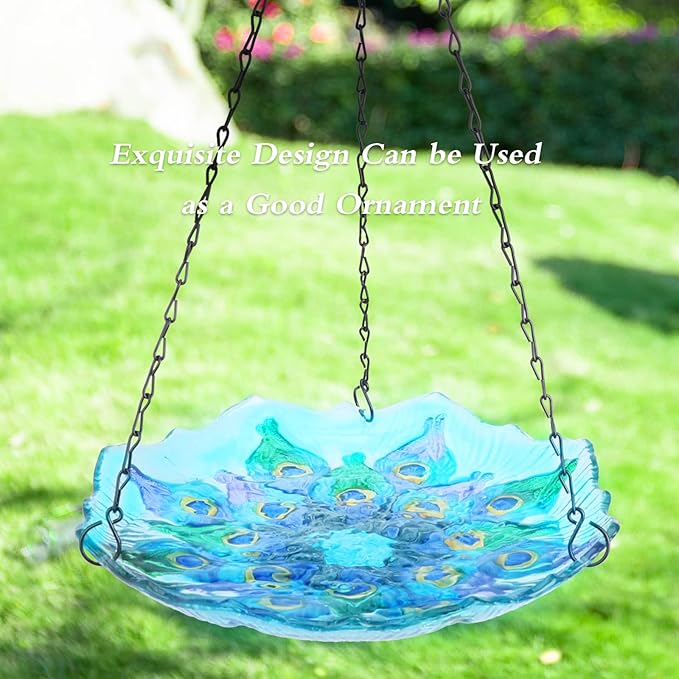 MUMTOP Hanging Bird Bath - Bird Baths for Outdoors, Peacock Glass BirdBath Outdoor Birdfeeders for Garden and Patio Decor