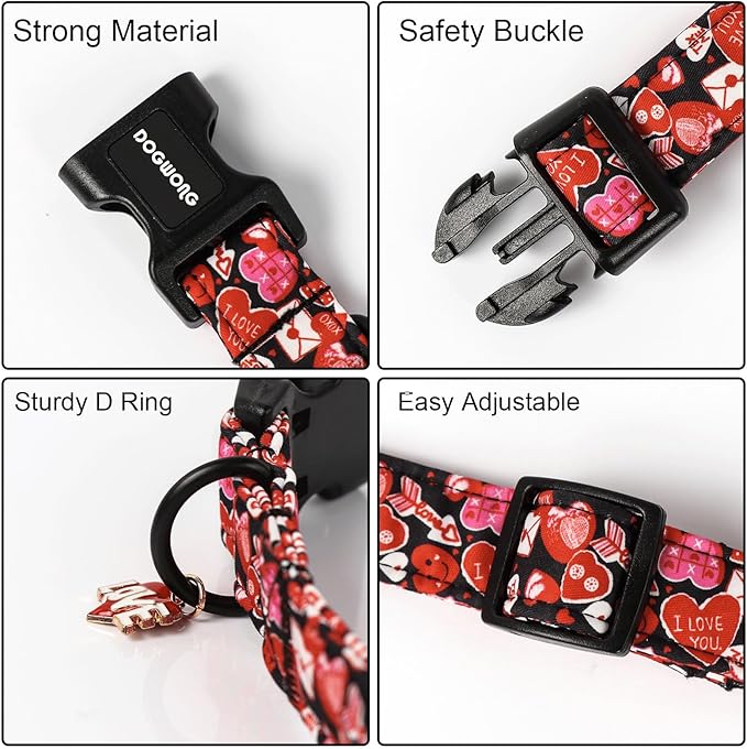 DOGWONG Valentine Dog Collar- Cute Red Heart Dog Collars Adjustable Durable Designer Valentine’s Day Dog Collar for Small Medium Large Dogs XS