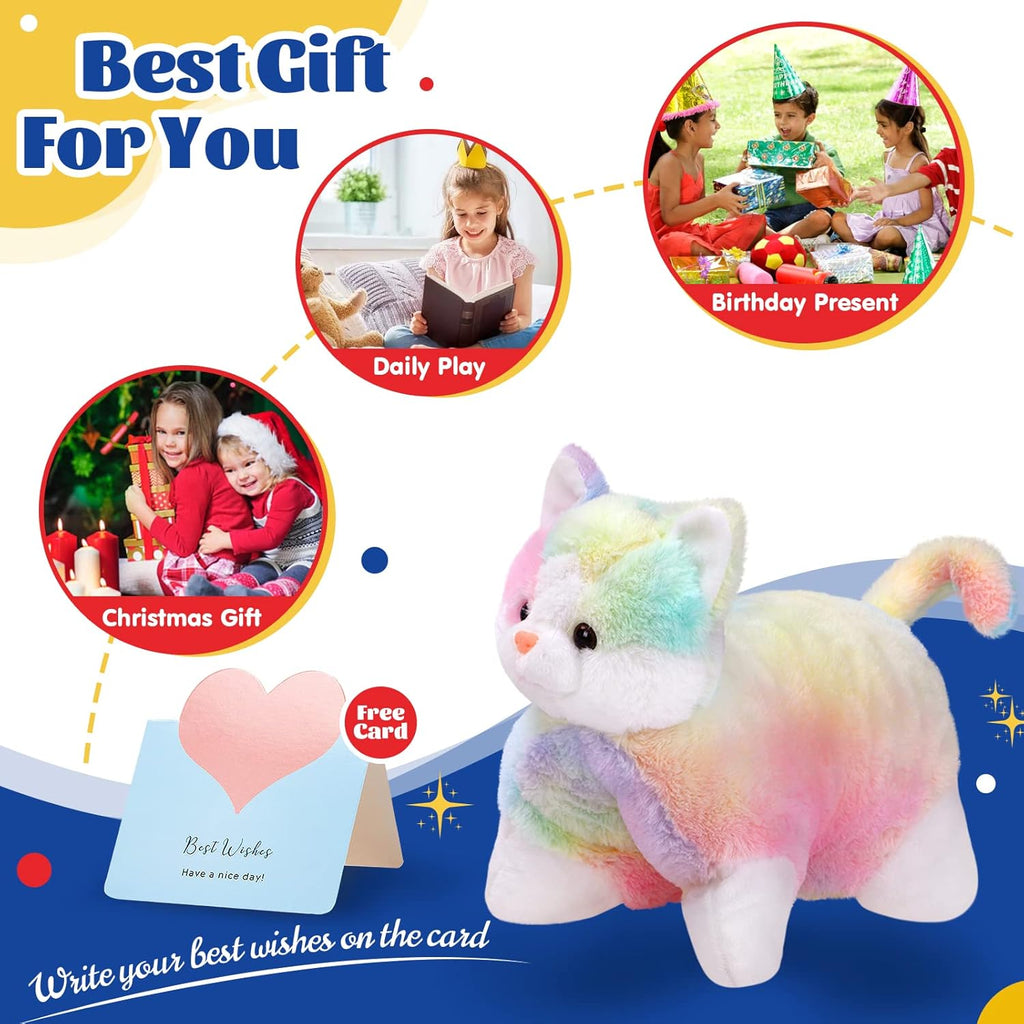 Glow Guards 16" Rainbow Cat Plush Pillow,Cute Kitty Stuffed Animal Soft Lovely Colorful Toy,Bedtime Sofa Decors,Christmas Birthday Children's Day Hoilday Gift for Toddler Kids