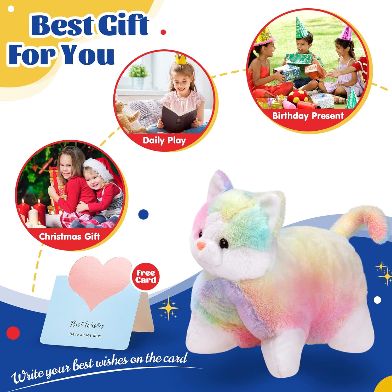 Glow Guards 16" Rainbow Cat Plush Pillow,Cute Kitty Stuffed Animal Soft Lovely Colorful Toy,Bedtime Sofa Decors,Christmas Birthday Children's Day Hoilday Gift for Toddler Kids