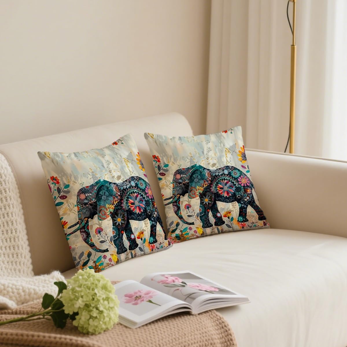 2 Pcs Elephant Throw Pillow Cover, Ethnic Style Bohemian Pattern Creative Animal Elephant Decorative Pillow Case Home Decor Square Cushion Cover for Bedroom Living Room Office Home Decor