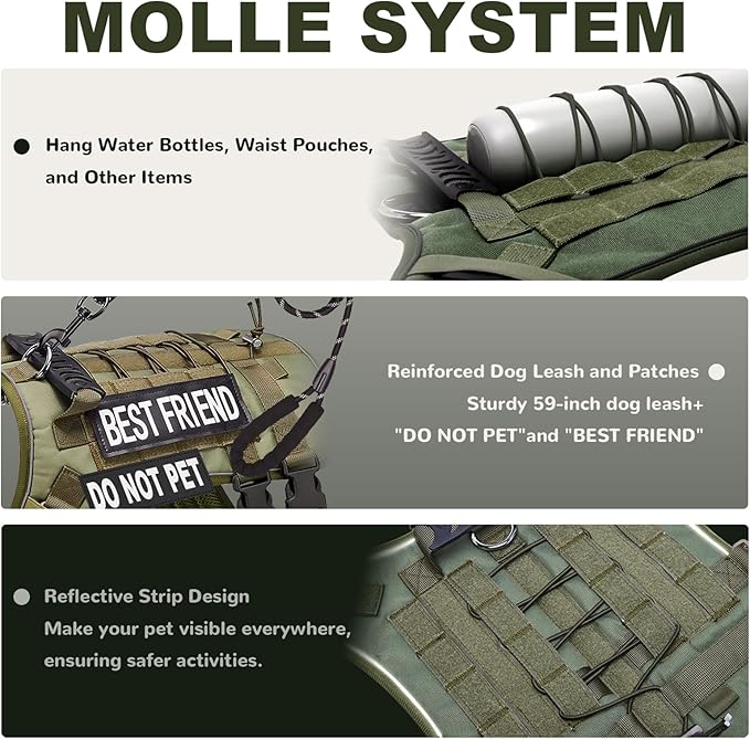 Tactical Dog Harness for Small Dogs,No Pull Dog Harness and Leash Set,Patches,Reflective Function,Dog Vest Harness for Training and Walking,Green S