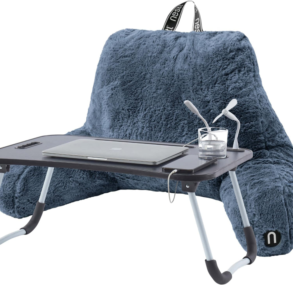 Nestl Fur Reading Pillow with Laptop Lap Desk, Stylish Back Pillow for Sitting Up, Lap Desk with Reading Pillows for Sitting in Bed Adult & Kids, Faux Fur Chair Pillow with Arms - Blue