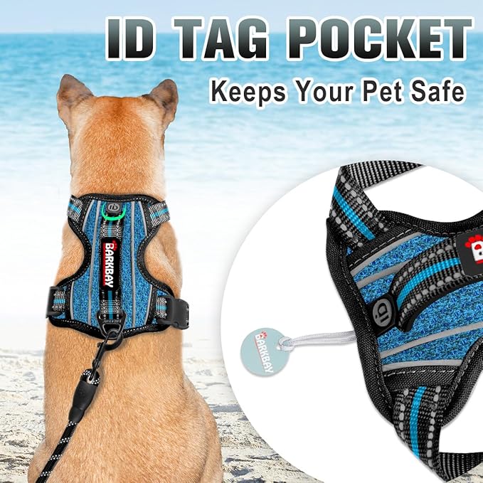 BARKBAY No Pull Dog Harness Large Reflective Dog Harness with Front Clip and Easy Control Handle for Walking Training Running with ID tag Pocket(Blue/Black,XS)