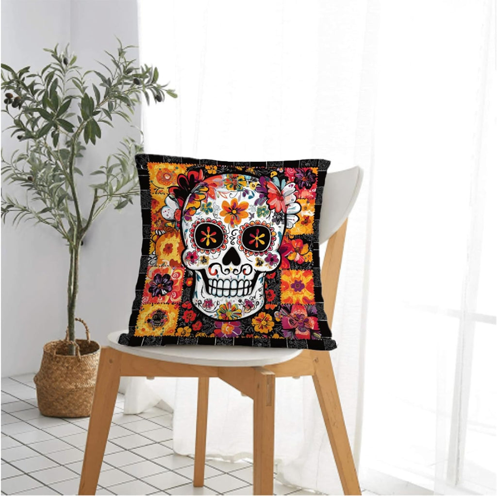 Throw Pillow Covers 18x18 Set of 2, Sugar Skull Cushion Covers, Decorative Square Pillowcases for Couch, Bedroom, Living Room