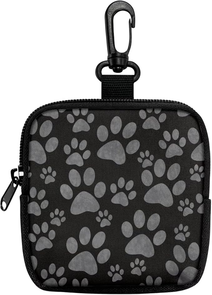 KEIAHUAN Paw Print Small Black Treat Pouch for Dog Training Hands-Free Training Dog Treat Pouch Portable Puppy Snack Bag for Treat for Walking Hiking Traveling, Zipper Closure, Black