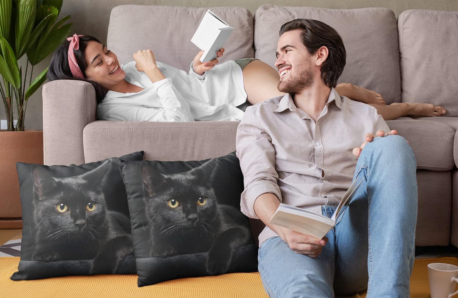 Black Cat Throw Pillow Covers Decorative Linen Pillow Cases Set of 2 Square Cushion Cover for Couch Sofa Bedroom Patio 18x18 Inch