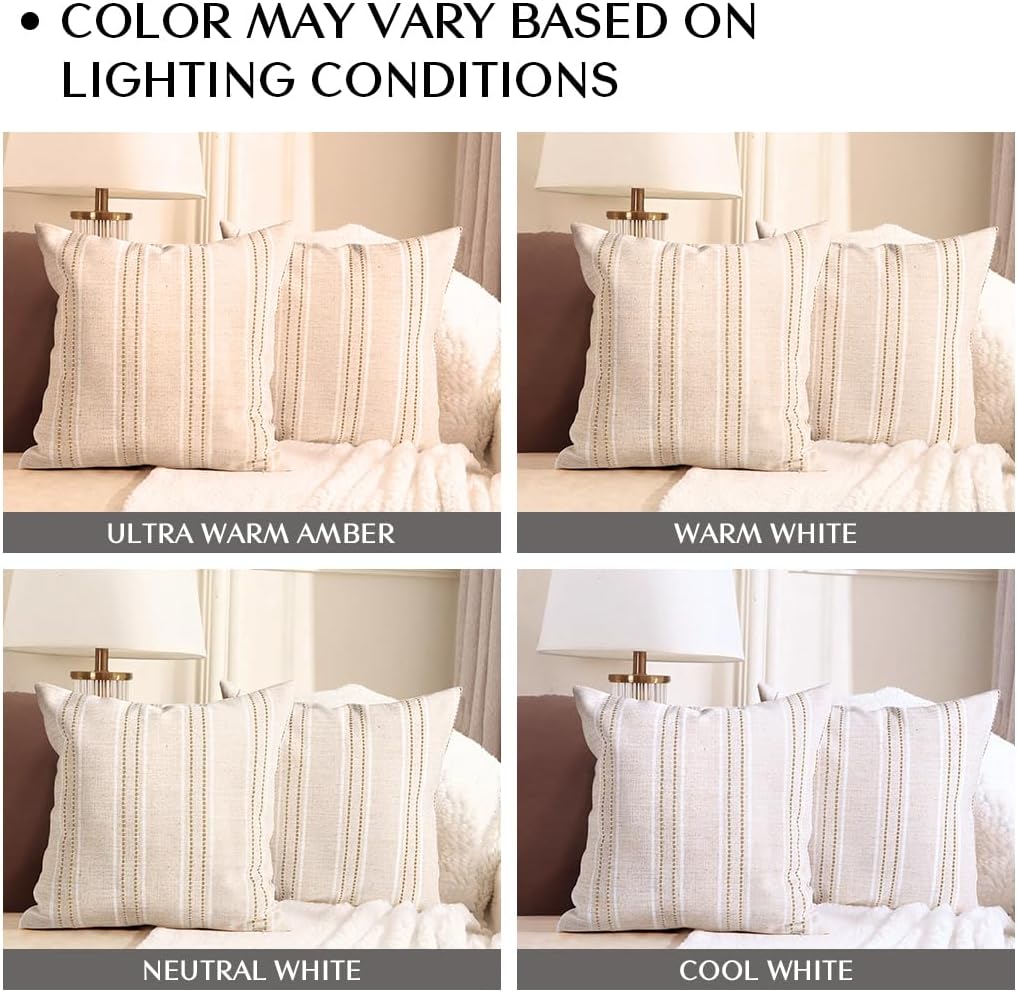 AELS 26x26 Decorative Farmhouse Linen Throw Pillow Covers, Boho Textured Pillow Case, Set of 2, Beige with White & Brown Stitch Yarn Dyed Stripe Cushion Cover for Sofa Couch Living Room (Cover ONLY)