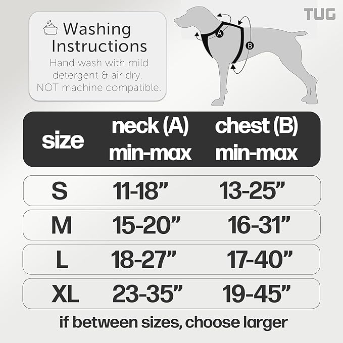 TUG Dog Harness with 2 Leash Connection Points | Adjustable, Padded, Lightweight | Handle on Back | No-Pull Front Clip (XL, Black)
