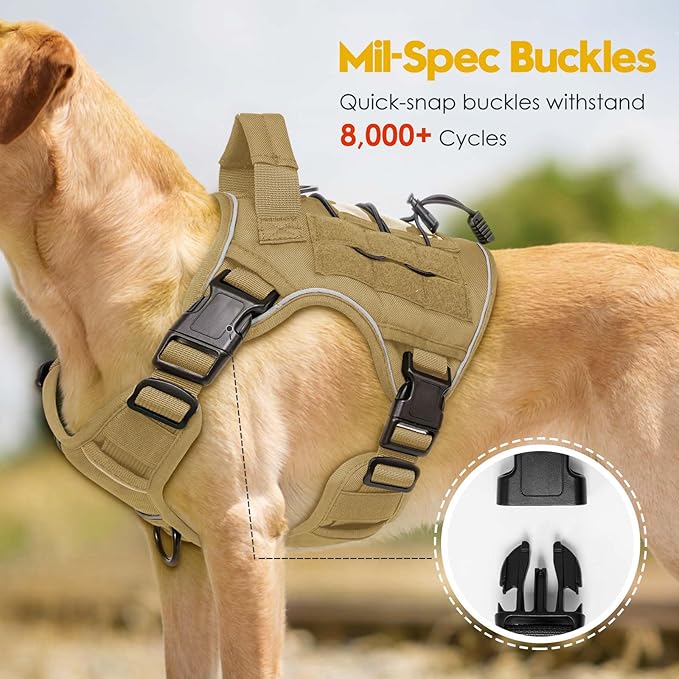 Heavy-Duty Tactical Dog Harness for Large Dogs, No Pull Adjustable Reflective Pet Vest with Molle System, K9 Military-Grade Control for Service Training, Outdoor & 10+ Breeds, Khaki, Small