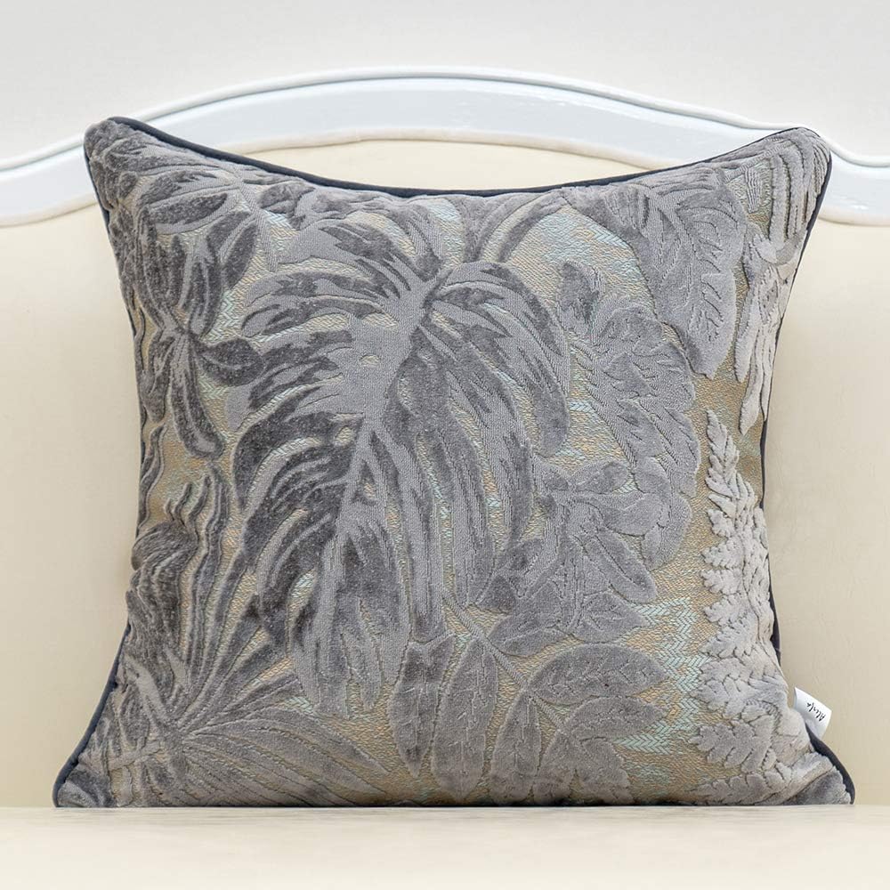 Alerfa 20 x 20 Inch Gray Silver Square Maple Leaf Pillow Embroidery Cut Velvet Cushion Case Luxury Modern Lumbar Throw Pillow Cover Decorative Pillow for Couch Sofa Living Room Bedroom Car