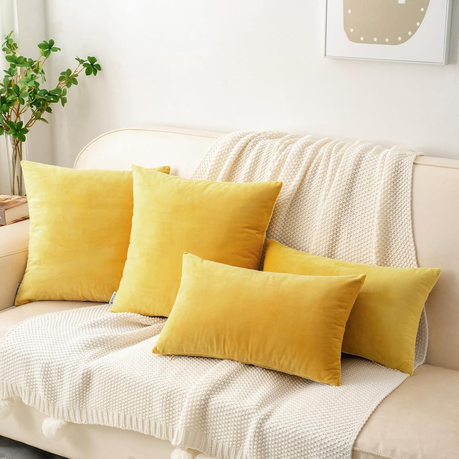 HWY 50 Yellow Velvet Throw Pillow Covers 16x16 Inch, Pack of 2 Soft Cozy Solid Decorative Luxury Cushion Cases for Couch Sofa Bed Living Room Bedroom