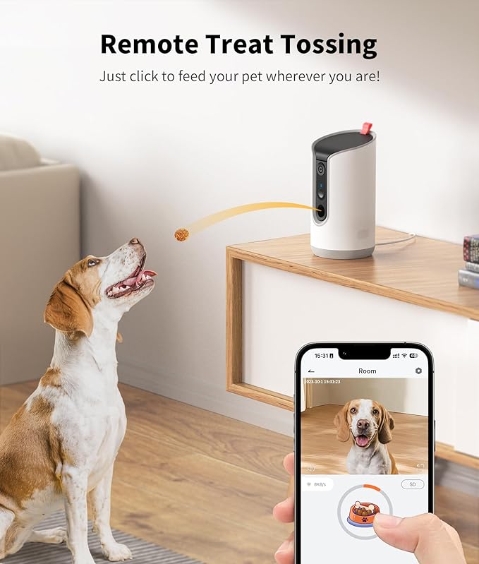 2K Cat Camera Treat Dispenser, AI Photo Album, Pet Camera with 360° Auto Tracking & 5G/2.4G WiFi, 2-Way Talk, Remote Treat Tossing, Motion Alerts for Dogs Indoor, White