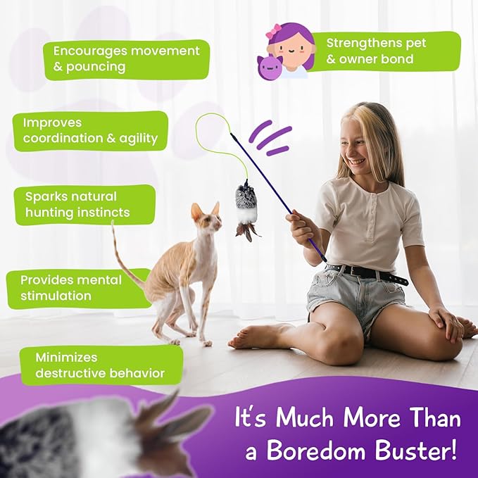 Interactive Cat Toy Wand with Feather and Bell- Vibrant Blue-Violet Wand Cat Toys for Indoor Cats- Feather String Toy for Cats and Kittens.