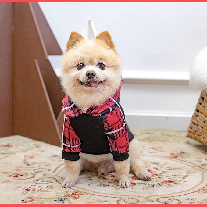 KOOLTAIL Plaid Dog Hoodie Pet Clothes Sweater with Hat and Pocket for Small Medium Large Size Dogs, Soft Winter Warm Dog Cold Weather Coat, Fleece Fall Dog Hooded Sweatshirt for Puppy Cats, Red S