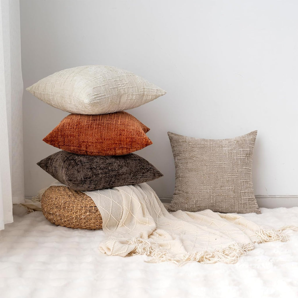 Decorative Throw Pillow Covers 20x20 Inch Set of 4, Soft Solid Farmhouse Chenille Couch Pillows, Spring Pillow Covers for Couch Sofa Bed Living Room Home Decor Pillowcase, Warm Colors