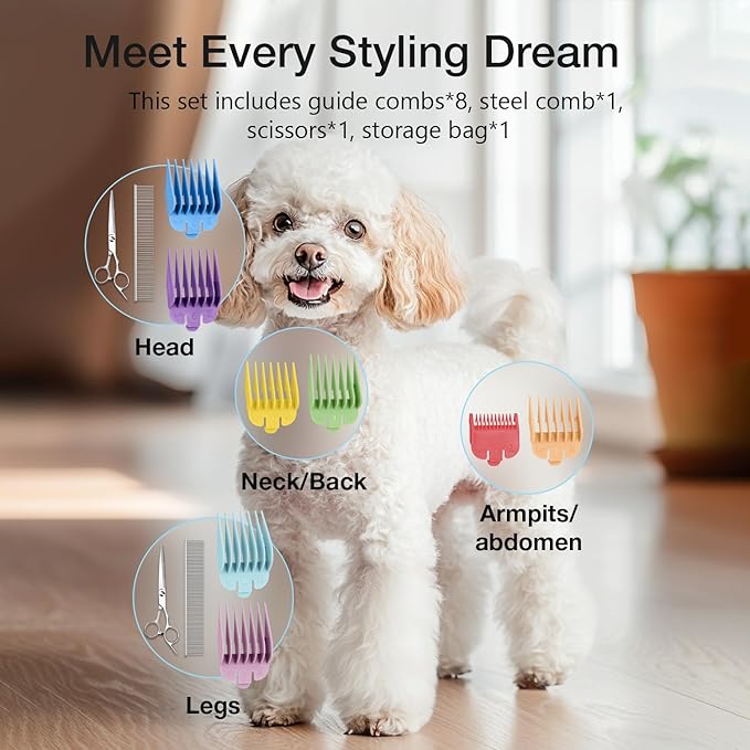 Dog Clippers for Grooming with Detachable Blade for Thick Coats, Cordless Rechargeable Low Noise Professional Pet Grooming Hair Trimmer Shaver Kit with 8 Guide Combs for Dogs Cats Animals