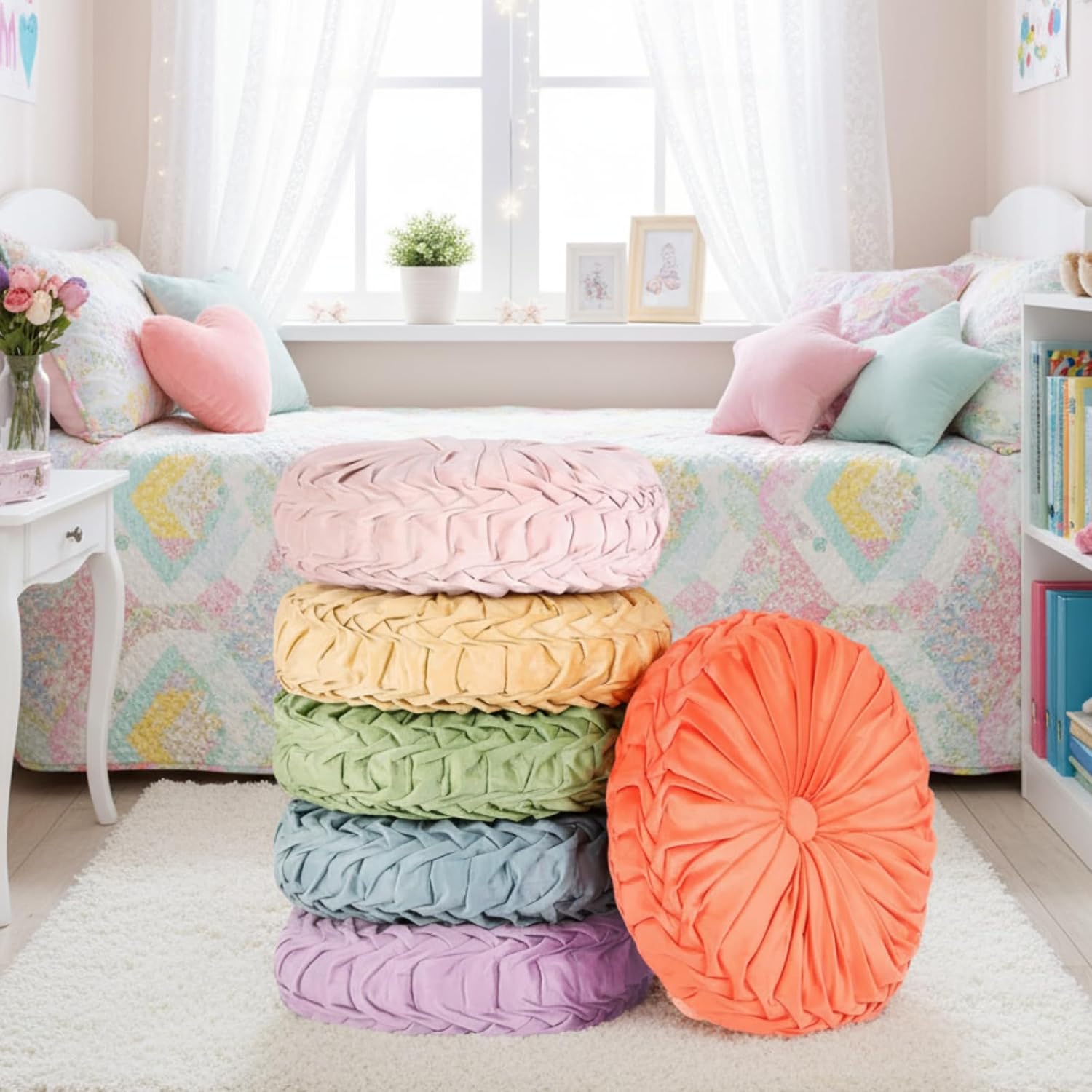 Yerliker 6 Pcs Floor Pillow Cushions 15inch Round Velvet Throw Pillows Colorful Flexible Cushions Alternative Pillows for Couch Chair Living Room Bedroom Home Office Decor(Pastel Color)