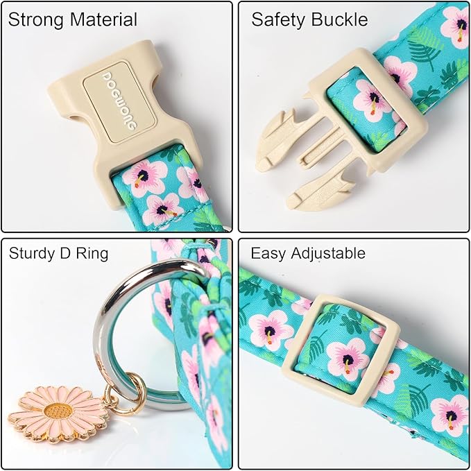 DOGWONG Spring Floral Cotton Dog Collar, Pink Flower Dog Collar Durable Soft Fabric Pet Dog Collars Cute Beachy Girl Female Puppy Necklace for Small Medium Large Dogs