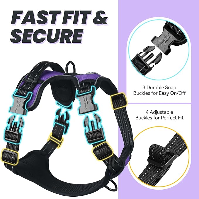 VIVAGLORY Dog Harness Easefit No Pull Dog Harness with Front Clip & Handle for Lifting Training, Adjustable Padded No-Pull Anti Pull Easy On for Puppy & Pet, XL, Purple