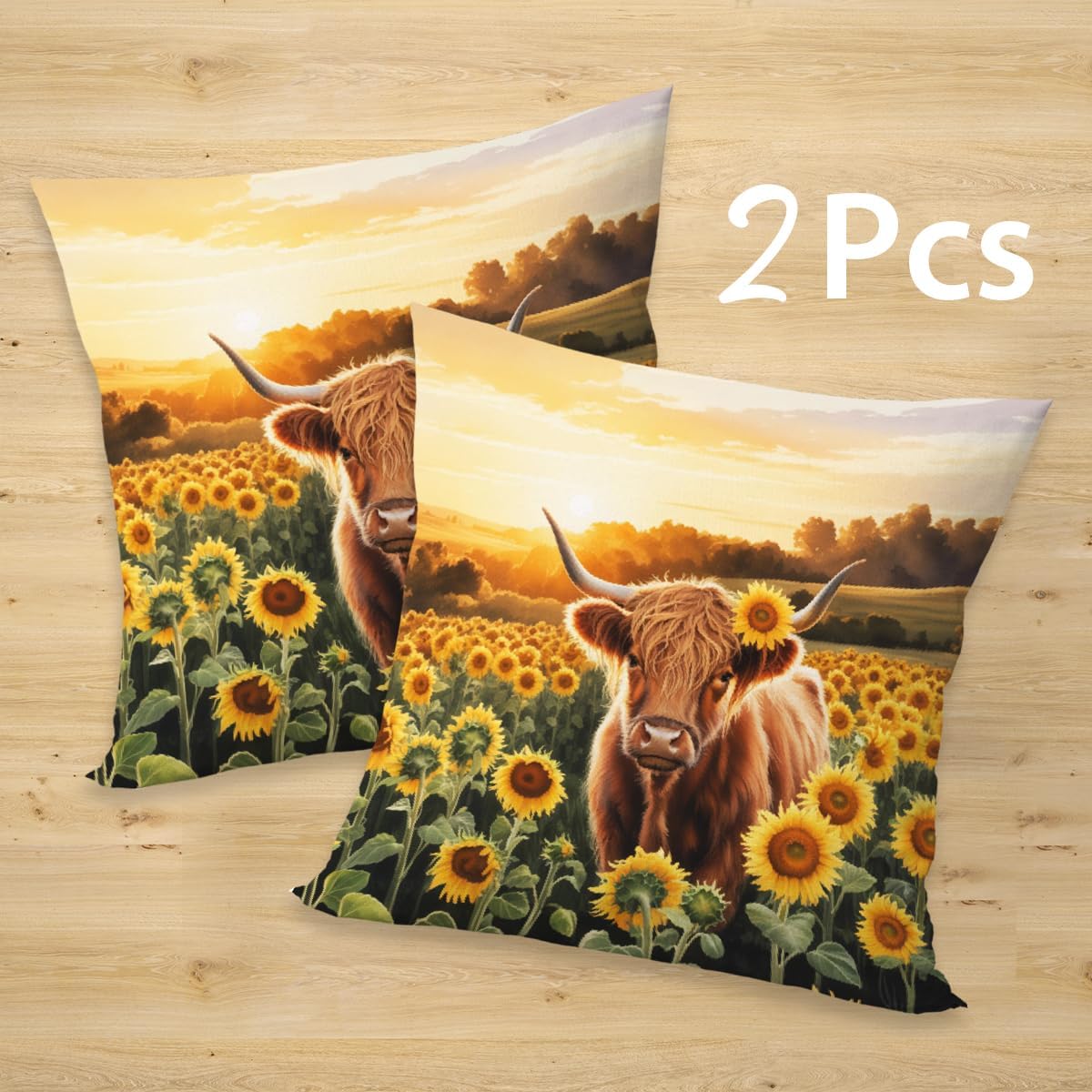 2 Pcs Highland Cow With Sunflowers Decorative Throw Pillow Covers, Spring Outdoor Pillowcase Cotton Linen Farmhouse Cushion Case for Couch Sofa Bedroom Apartment Dorm Living Room Office Home Decor
