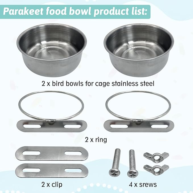 PINVNBY 2 PCS Stainless Steel Bird Bowl Parrot Food Water Bowls with Clamp Holder Bird Feeder Dish Cups Crate Bowls for Cockatiel Pigeons Conure Budgies African Greys (Double Screws Size: M)