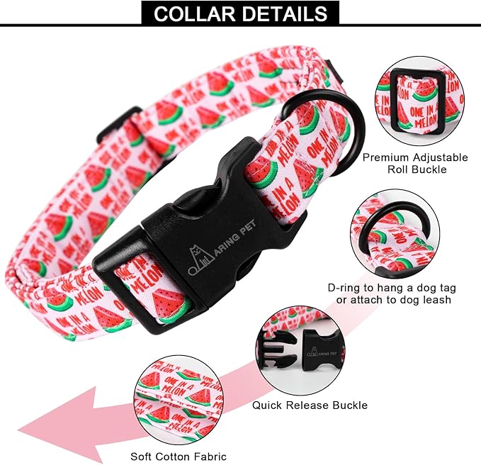 ARING PET Summer Dog Collar-Cute Watermelon Dog Collar for Medium Dogs, Adjustable Soft Cotton Girl Dog Collars for Small Medium Large Dogs, Medium