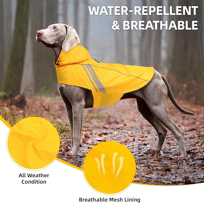 VIVAGLORY Wetoff Dog Raincoat, Rain Coat for Dog All Seasons Adventure, Rain Jacket with Harness Hole & Hood, Reflective Lightweight Waterproof for Doggy & Puppy, L, Yellow