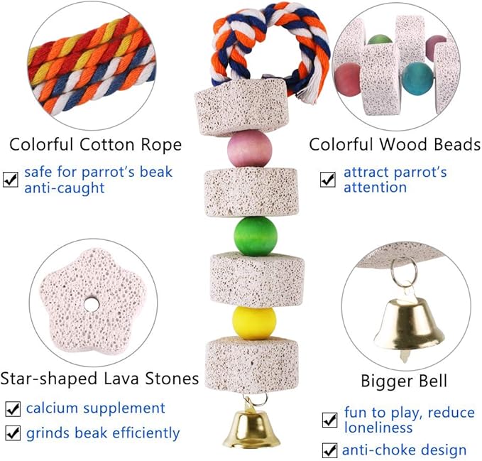 Unibene Parrot Chewing Toy, Bird Beak Grinding Stone with Bell, Lava Block Calcium Supplement Food for African Greys Amazon Conure Eclectus Budgies Parakeet Cockatiel Hamster Chinchilla Rabbit, 2 Pack