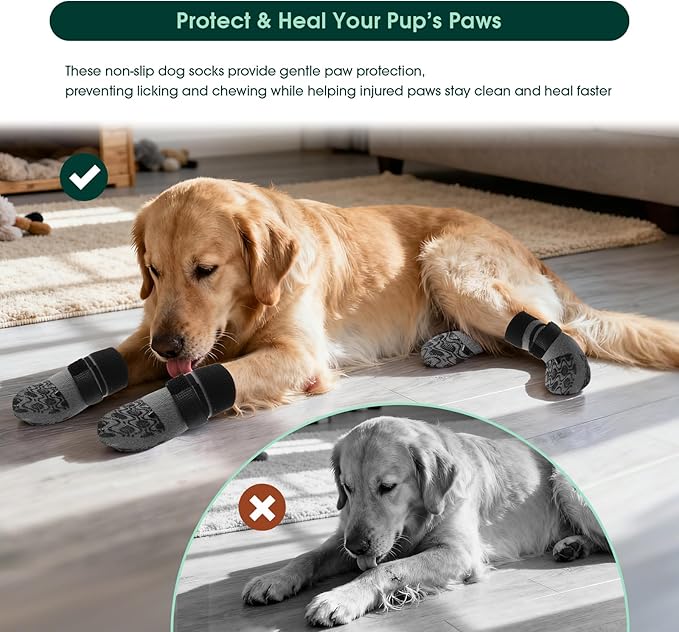 Kuoser Non Slip Dog Socks for Hardwood Floors,4Pack Anti-Slip Dog Grippy Socks to Prevent Licking Paws,Dogs Booties Paw Protectors with Double-Sided Traction for Small Medium Large Senior Dogs,Gray XL