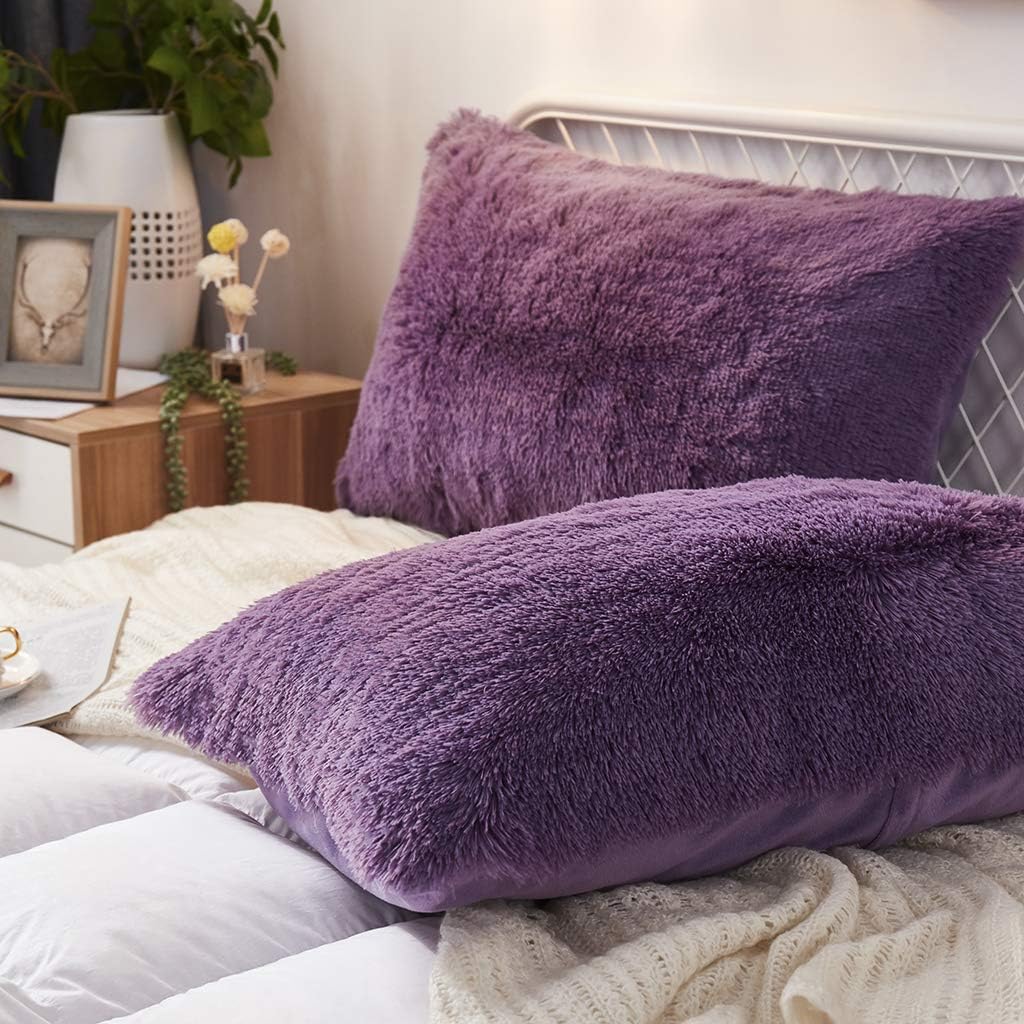 Uhamho Set of 2 Faux Fur Throw Pillow Covers Soft Velvet Decorative Pillowcases Zipper Closure (Purple, 20"x36")