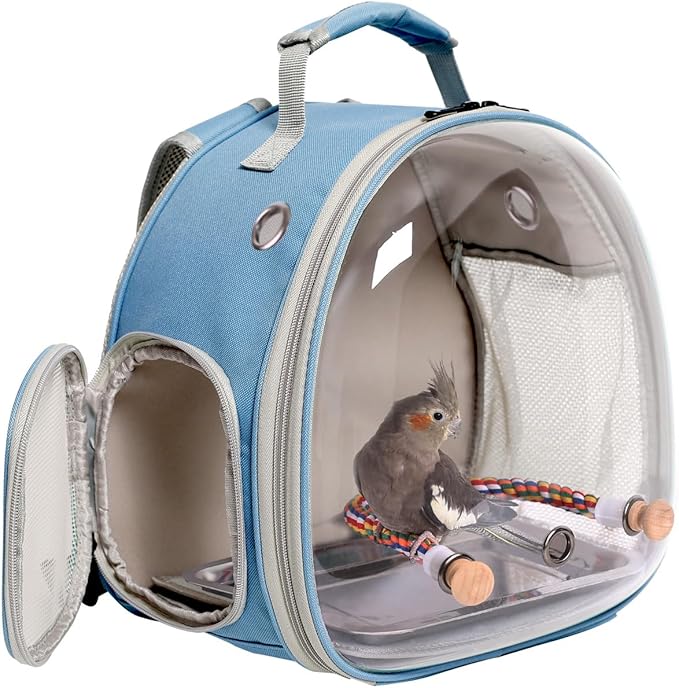Small Bird Travel Backpack Carrier Cage, Backpack to Transport Backpack Carrier with Metal Tray Stand Perch for Parakeet Cockatiel Budgies Vet Carry Bag