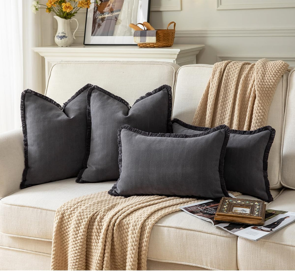 Set of 2 Decorative Fringe Throw Pillow Covers Chenille Pillow Covers Elegant Design Pillowcase Soft Tassels Cushion Cover for Couch Bed Home Decor,22×22 Inch,Rustic Gray