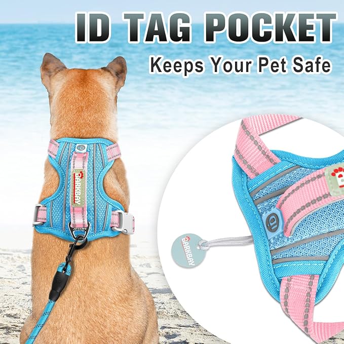 BARKBAY No Pull Dog Harness Large Reflective Dog Harness with Front Clip and Easy Control Handle for Walking Training Running with ID tag Pocket(Baby Blue & Baby Pink,L)