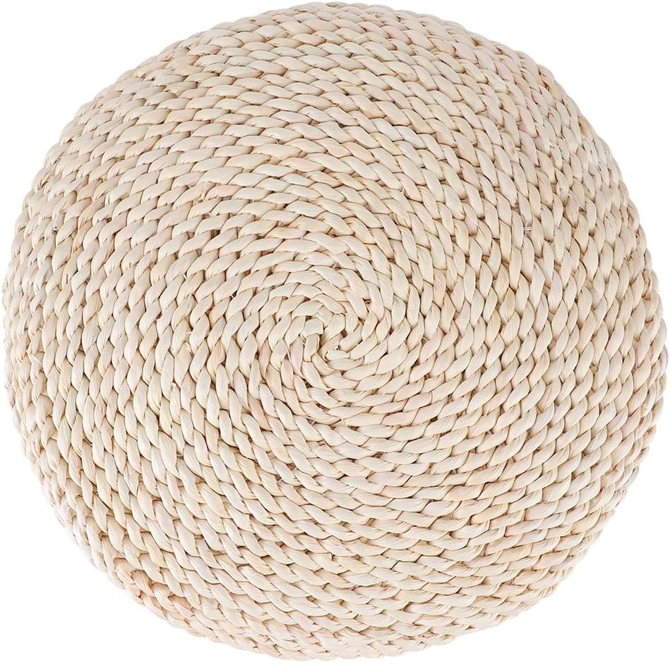Japanese Round Tatami Hand Woven Floor Cushion, Meditation Yoga Mat, Corn Bran Pouf with Silk Floss Filler, Ergonomic for Zen Tea Ceremony, Home Decor, 40x40x6cm