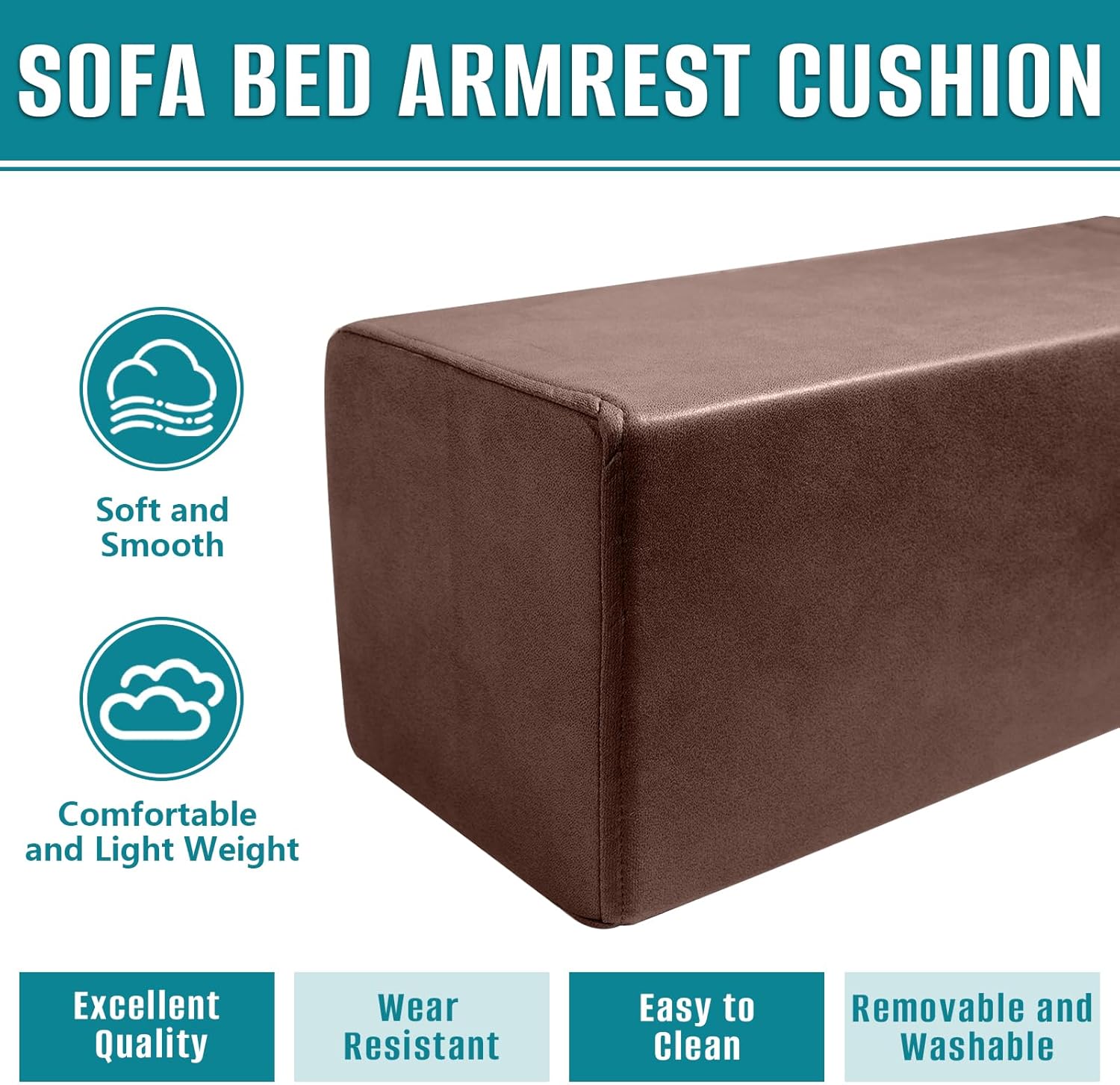 2 Pack Couch Arm Rest Pillow, 8''x8''x20'' Faux Leather Waterproof Cover, High Density Foam Armrest Cushion, Removable & Washable Elbow Support for Sofa, Bed, and Armchair (Dark Brown)