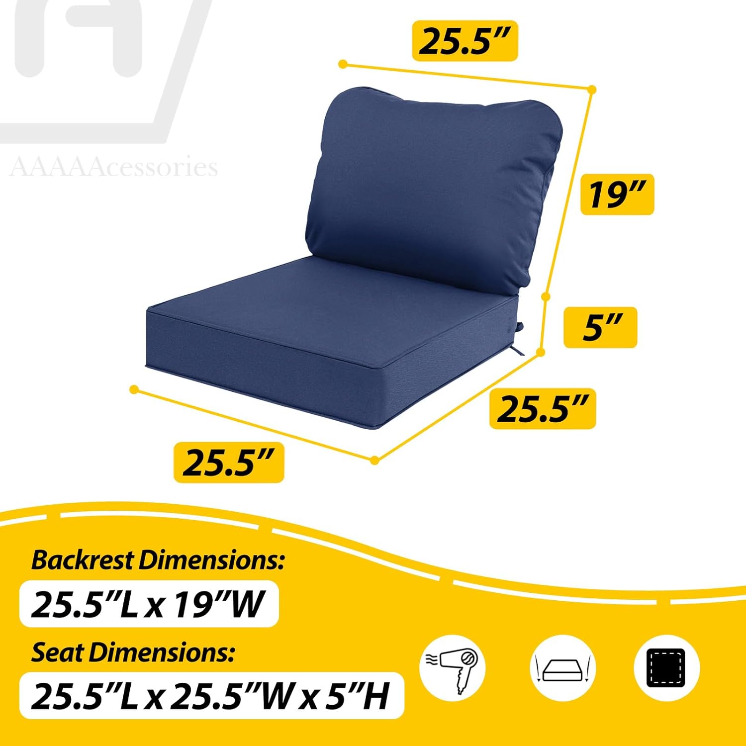 AAAAAcessories Outdoor Deep Seat Cushions, Waterproof, Fade-Resistant Patio Furniture Replacement Cushions, 25.5" x 25.5" x 5" + 25.5" x 19", Set of 4, Navy Blue