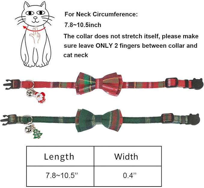ADOGGYGO Christmas Cat Collars Breakaway with Removable Bow Tie Bell, 2 Pack Red Green Plaid Christmas Bow Collar for Cats Kittens