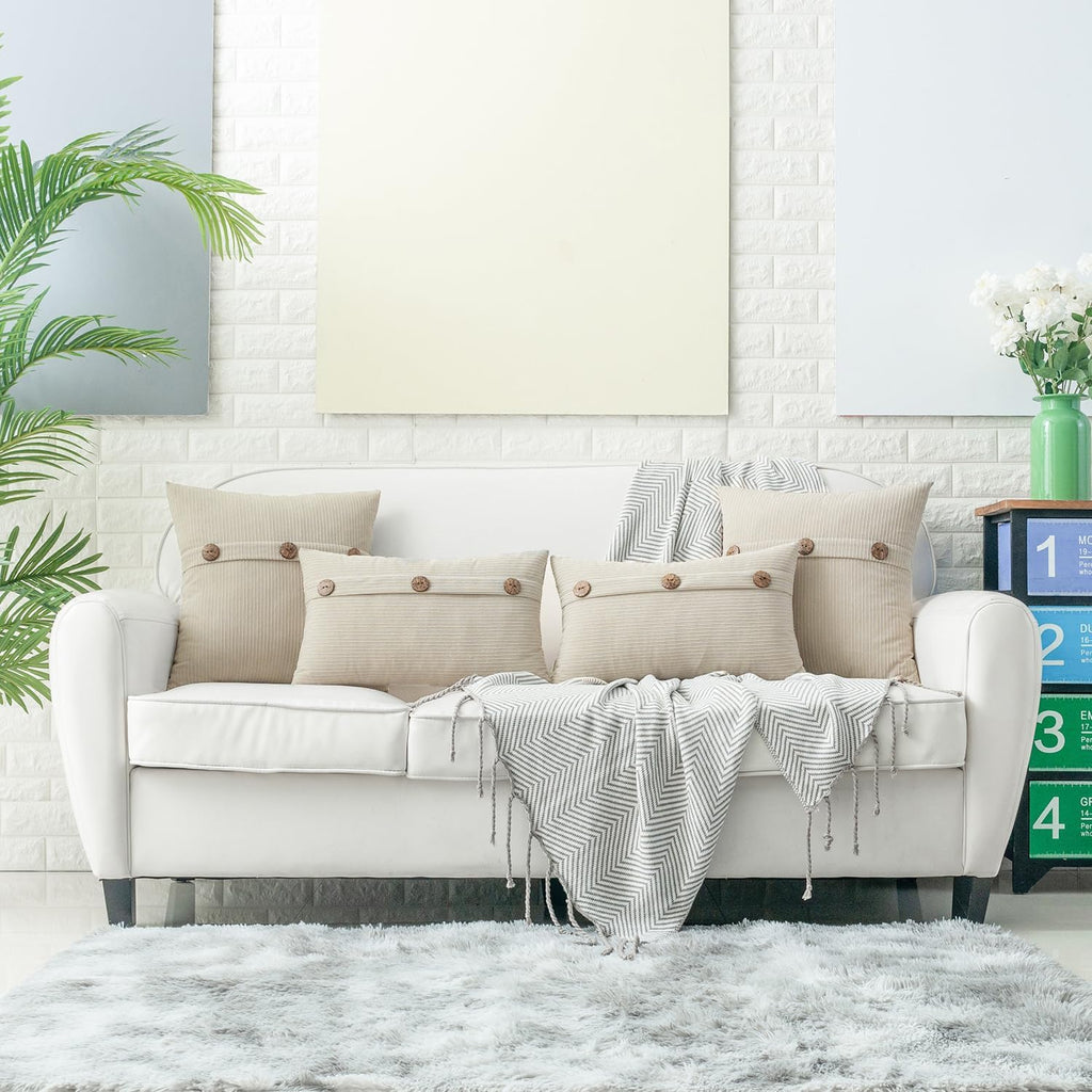 HWY 50 Cream White Chenille Throw Pillow Covers 18x18 Inch with Triple Buttons, Soft Farmhouse Accent Decorative Cushion Cases for Couch Sofa Bed Living Room Bedroom Pack of 2