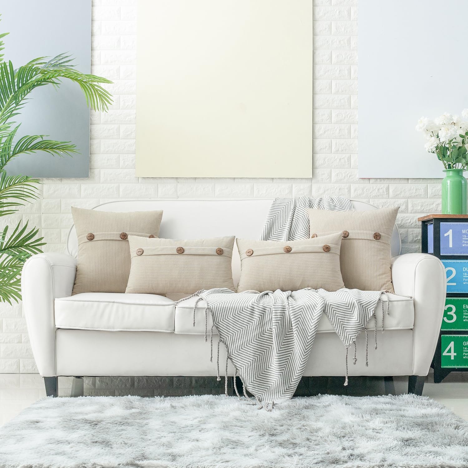 HWY 50 Cream White Chenille Throw Pillow Covers 18x18 Inch with Triple Buttons, Soft Farmhouse Accent Decorative Cushion Cases for Couch Sofa Bed Living Room Bedroom Pack of 2