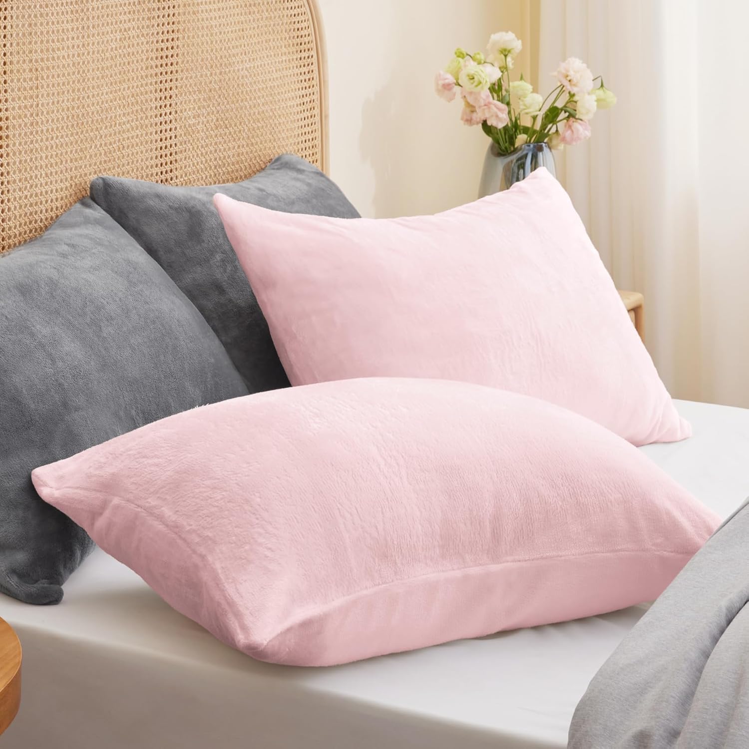 BEDELITE Flannel King Size Pillow Cases Set of 2, Super Soft Fleece Pillowcases with Zipper for Bedroom, Sofa, Couch,Luxury Cozy Fuzzy Velvet Pillow Shams for All Seasons(20x36 Inches,Pink)