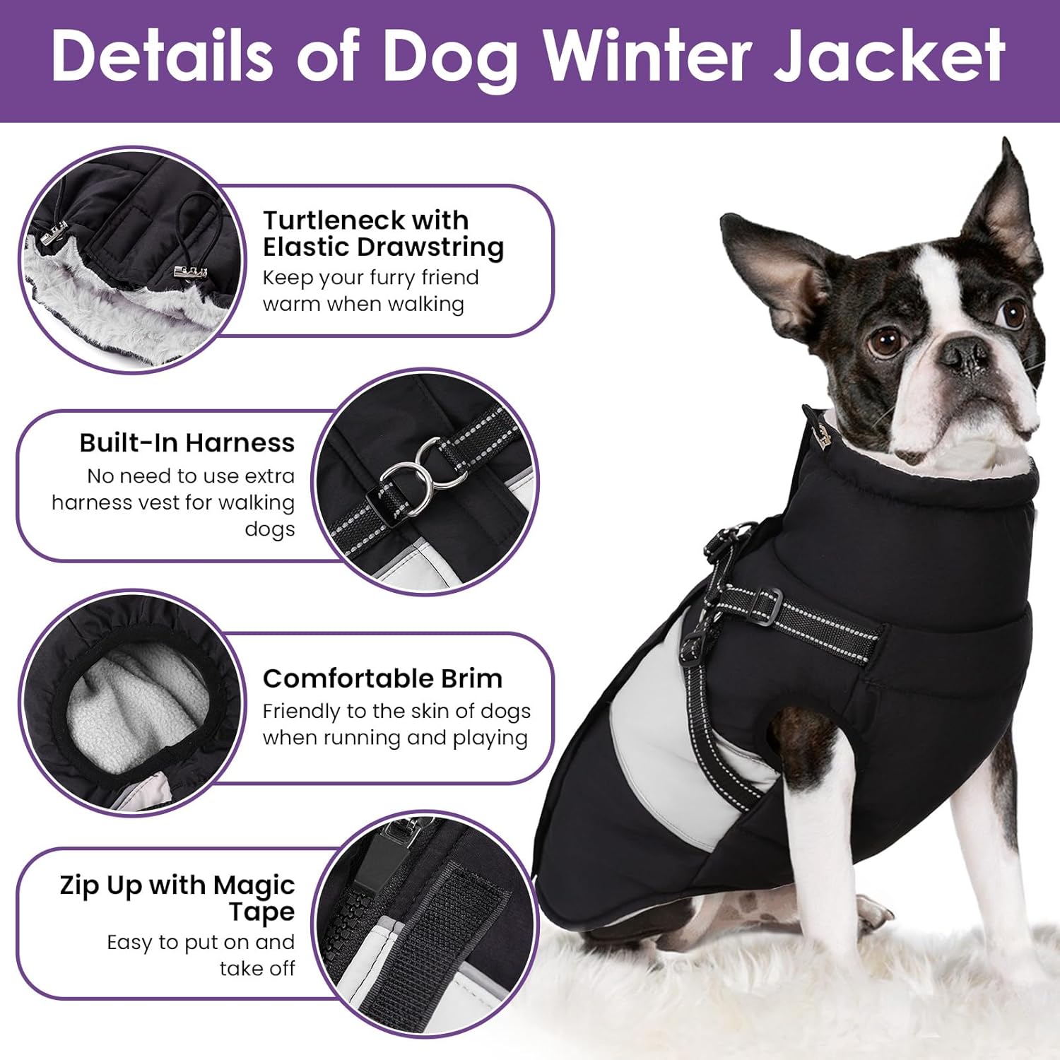 SUNFURA Dog Coat, XXXL Dog Jacket Winter with Harness Built in, Waterproof Pet Snow Jacket with Furry Collar for Chilly Day, Reflective Fleece Snowsuit for Extra Large Dogs, Black 3XL