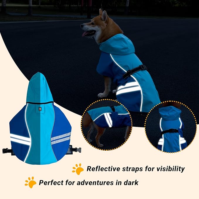 Dog Raincoat for Medium Large Extra Large Dogs, Waterproof Rain Jacket with Reflective Strap, Lightweight Hoodies Full-Body Coverage Dry Clothes (S, Blue)