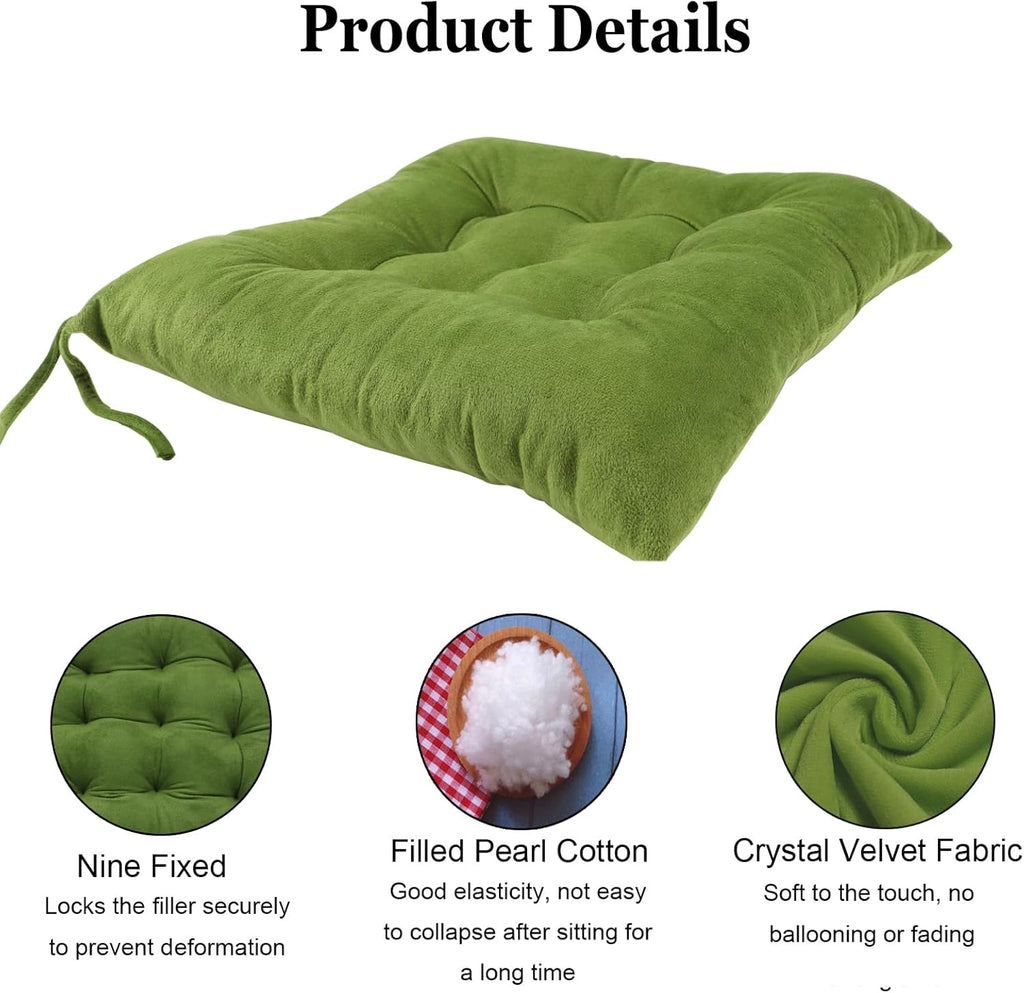 2 Pack Square Seat Cushion Chair Pads for Kitchen Dining Chairs, Soft Comfort Velvet Chair Mat Pillow Cushions with Ties for Office Desk Living Room Tatami 15.5", Green