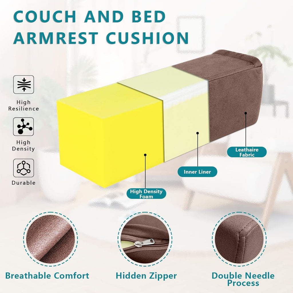 2 Pack Couch Arm Rest Pillow, 6''x6''x20'' Faux Leather Waterproof Cover, High Density Foam Armrest Cushion, Removable & Washable Elbow Support for Sofa, Bed, and Armchair (Dark Brown)