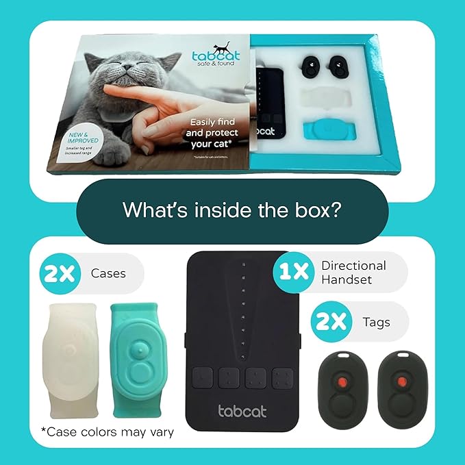 Tabcat V2 Cat & Kitten Tracker - No Monthly Subscription Fee | 2 Lightweight Homing Tags, Cases & Tracking Handset | More Accurate Than GPS | Track 2 Cats Indoors & Outdoors to 1" & 500 ft Range