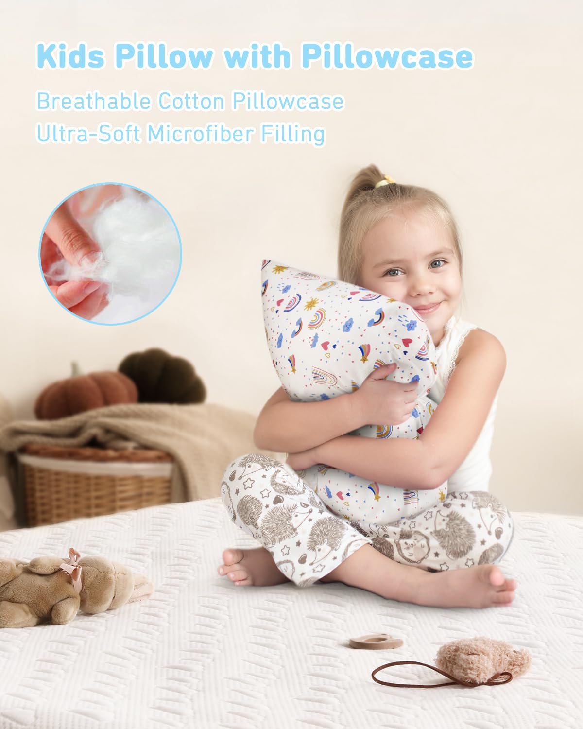 Babebay Toddler Pillow,13X18 Soft Toddler Pillows for Sleeping, Machine Washable Kids Pillow with Cotton Pillowcase, Perfect for Travel, Toddlers Cot