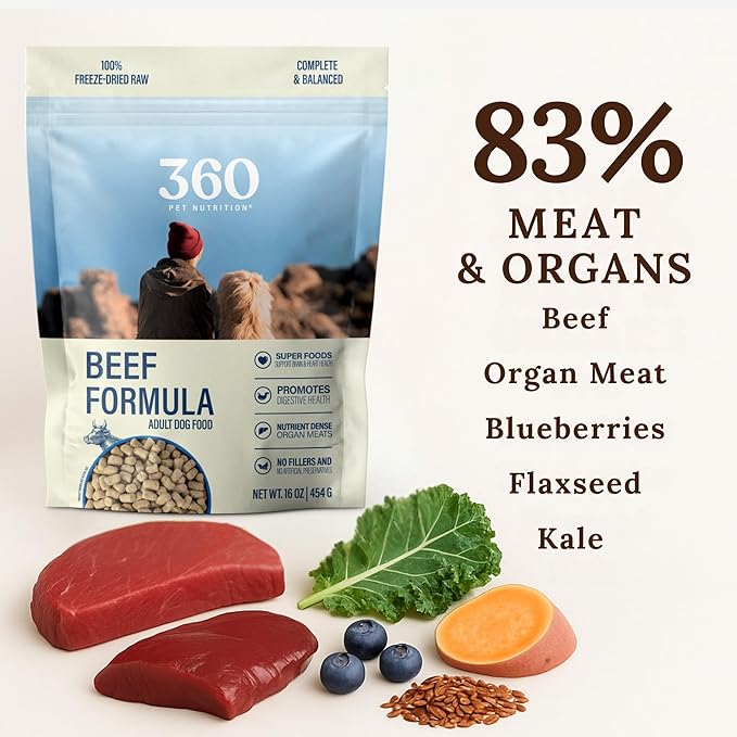360 Pet Nutrition Freeze-Dried Raw Dog Food – Beef Recipe with Liver & Organs, High Protein with Omega-3s, Fruits, Veggies & Superfoods, Grain-Free, No Fillers, 3 lb – Made in USA