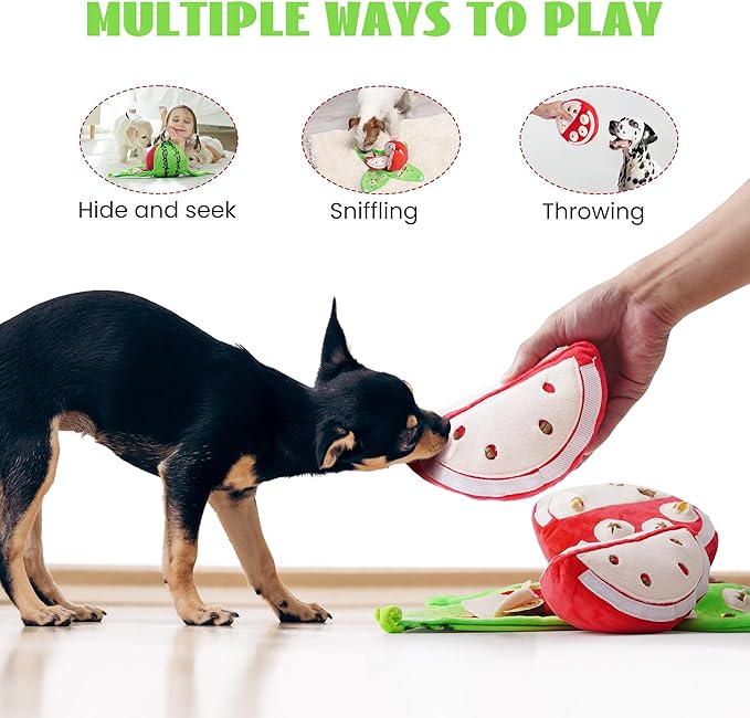 Nocciola Hide and Seek Plush Dog Toys, Watermelon Interactive Toy for Small Dogs, Green Puppy Puzzle Squeaky Toys with Crinkle Papers for Boredom, Dog Nosework Toy for Medium Pet